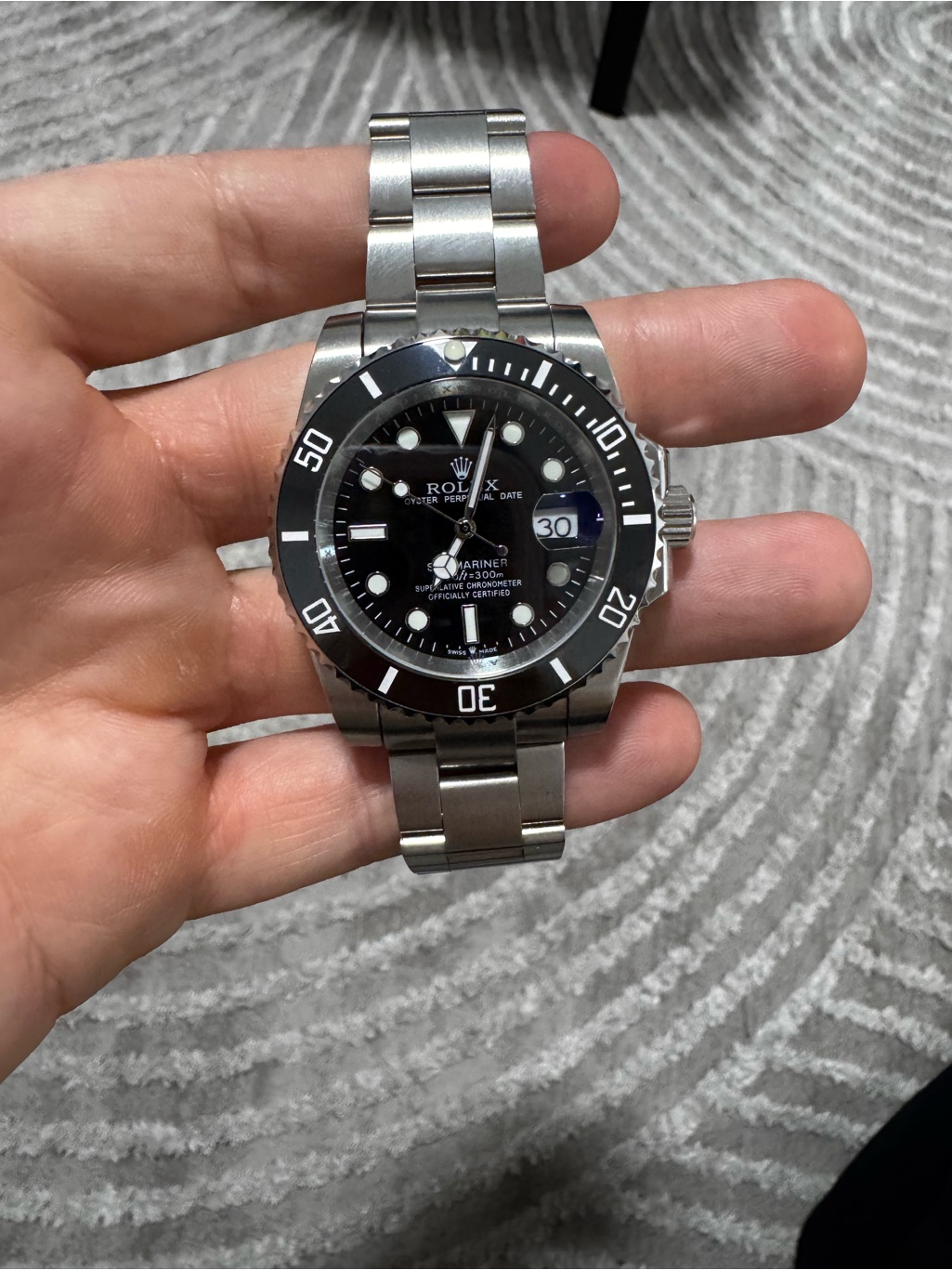 Rolex Stainless Steel Watch With Black Dial And Bezel